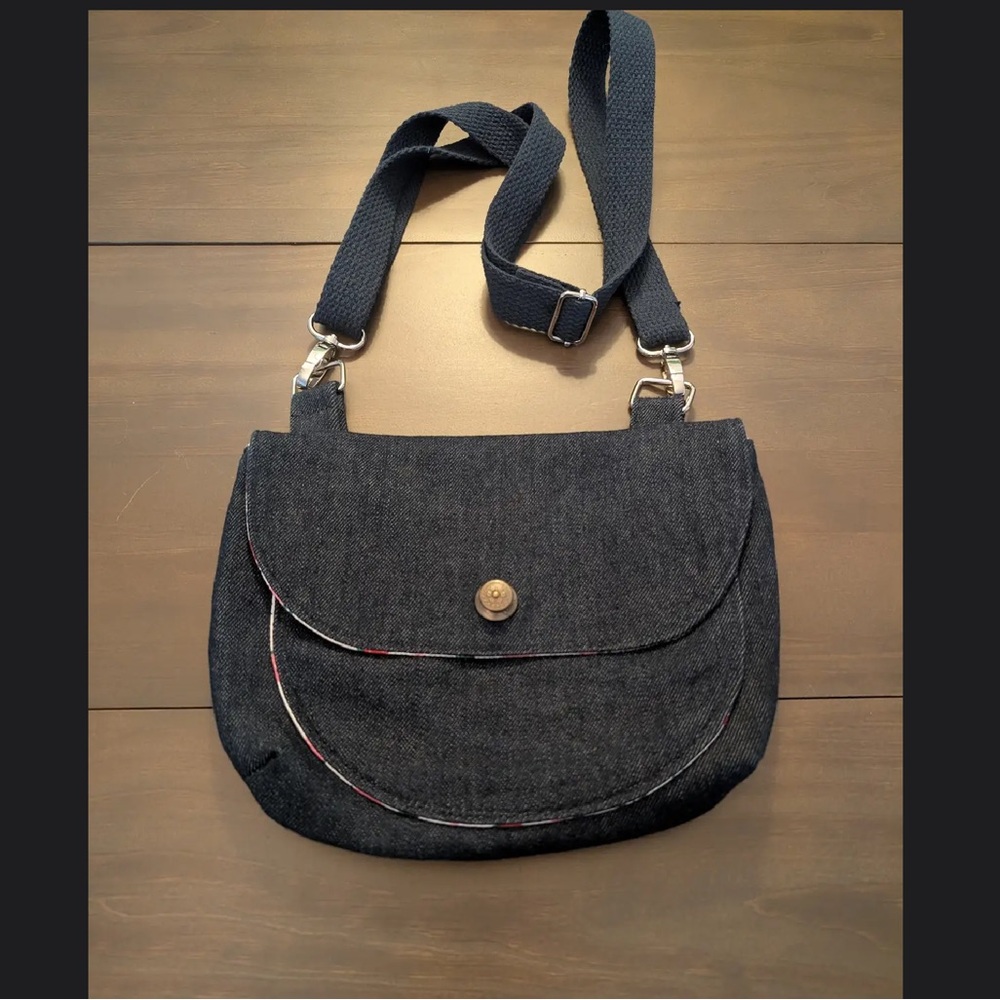 Upcycle dark Denim Crossbody Bag with strawberries Handmade !